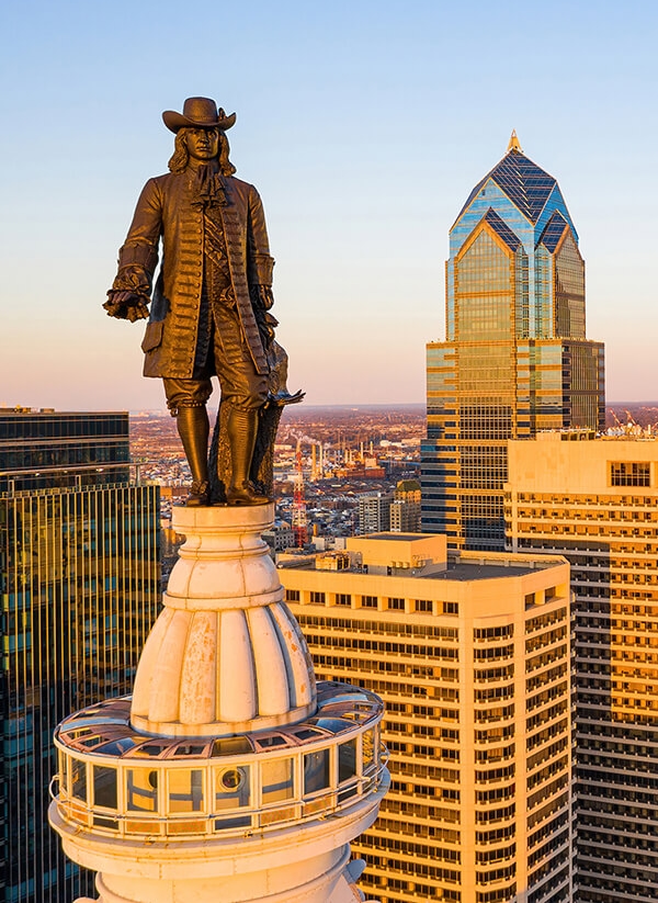 Sky view image of the statue of Philadelphia founder William Penn, at city hall in Philadelphia, PA 